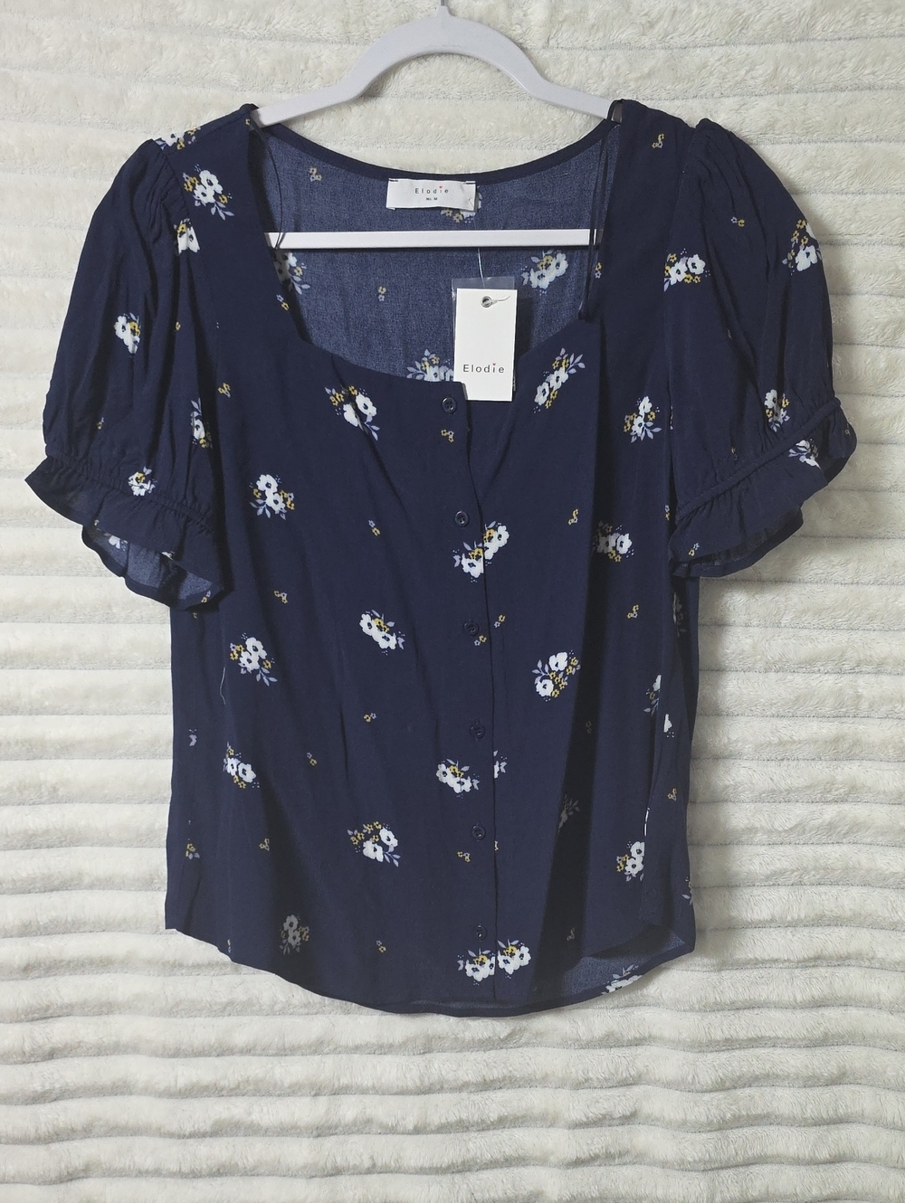 0294 Elodie Navy Floral Button-Front Puff Sleeve Blouse‎ Medium